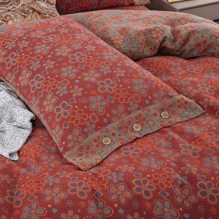 91家纺网 家纺一手货源 找家纺 鲁爱 2025新款全棉色织双层纱纽扣款四件套 泽丽-酒红