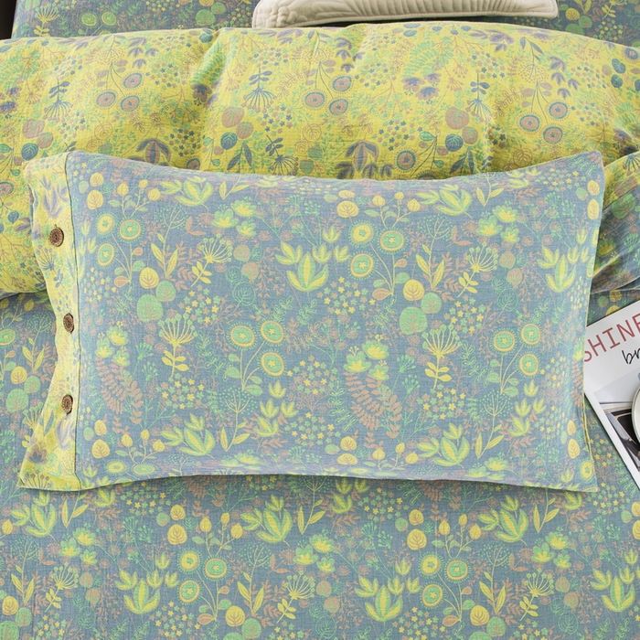 91家纺网 家纺一手货源 找家纺 鲁爱 2025新款全棉色织双层纱纽扣款四件套 普罗旺斯-灰黄