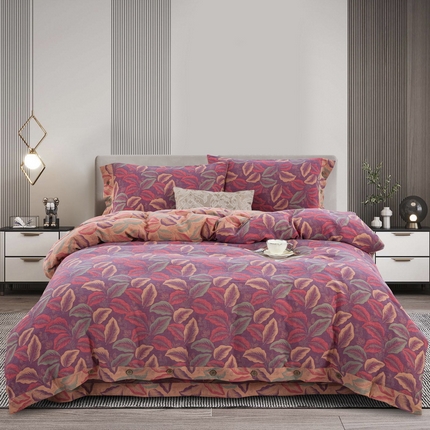 鲁爱 2024新款全棉色织双层纱纽扣款四件套 叶语柔情-紫罗兰