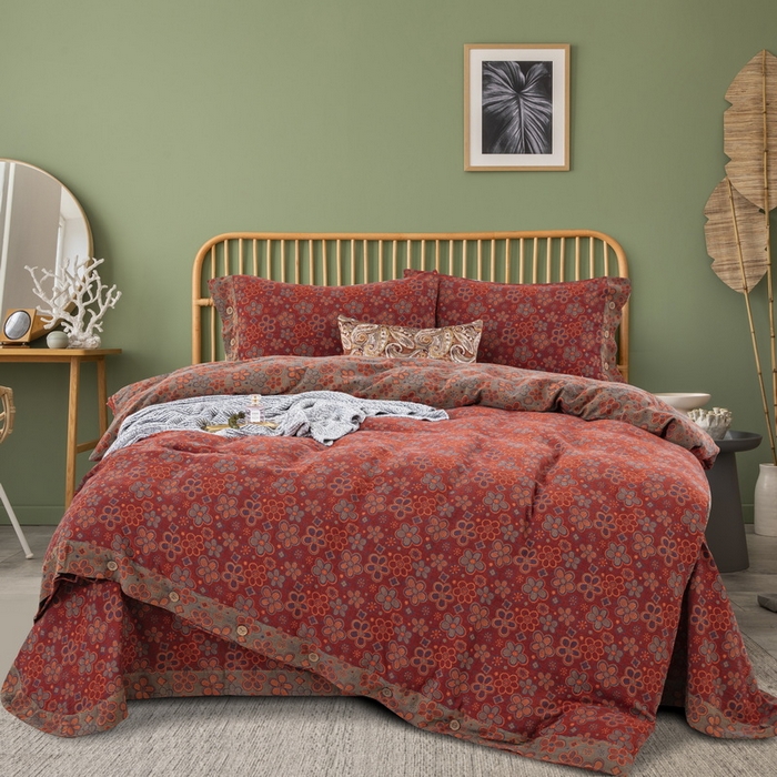 91家纺网 家纺一手货源 找家纺 鲁爱 2025新款全棉色织双层纱纽扣款四件套 泽丽-酒红