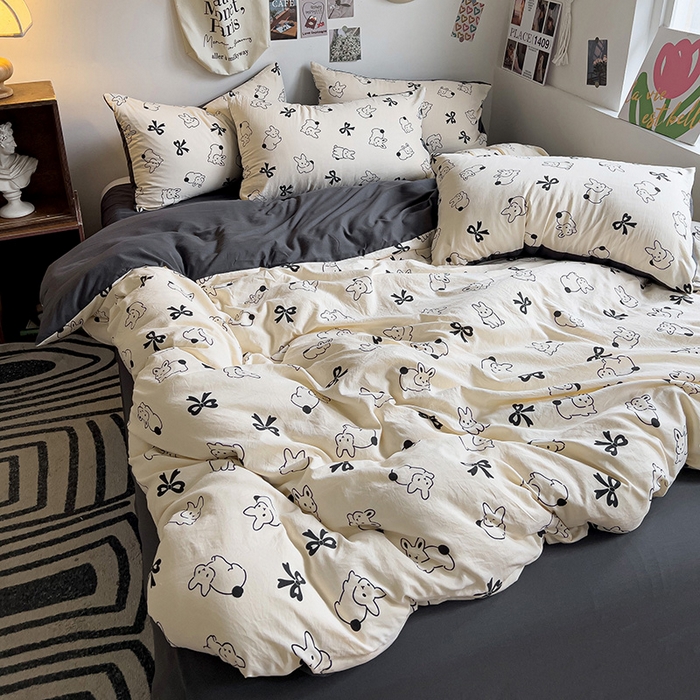 91家纺网 家纺一手货源 找家纺 梦卓家纺 2025新款亲肤超柔印花水洗棉四件套 奔跑小兔