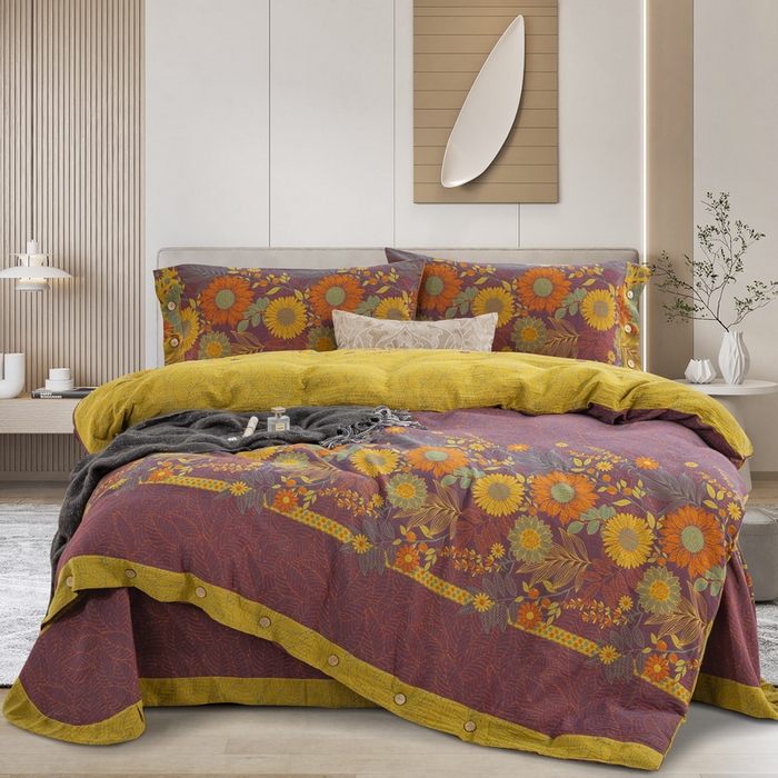 91家纺网 家纺一手货源 找家纺 鲁爱 2025新款全棉色织双层纱纽扣款四件套 花开半夏-紫罗兰