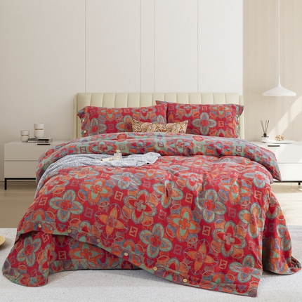 91家纺网 家纺一手货源 找家纺 （总）鲁爱 2025新款全棉色织双层纱纽扣款四件套