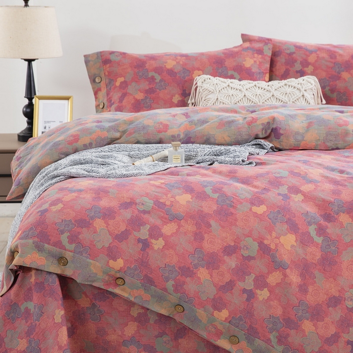 91家纺网 家纺一手货源 找家纺 鲁爱 2025新款全棉色织双层纱纽扣款四件套 花影重叠-粉