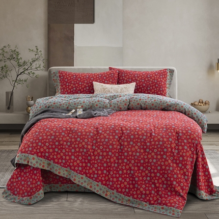 鲁爱 2025新款全棉色织双层纱纽扣款四件套 花香四溢-红