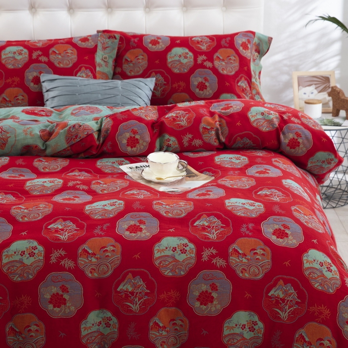 91家纺网 家纺一手货源 找家纺 鲁爱 2025新款全棉色织双层纱纽扣款四件套 镜花水月-红