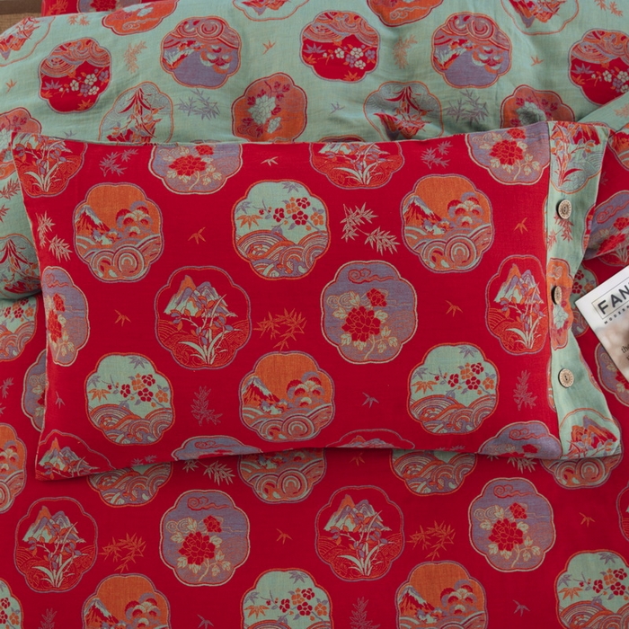 91家纺网 家纺一手货源 找家纺 鲁爱 2025新款全棉色织双层纱纽扣款四件套 镜花水月-红