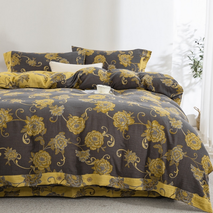 91家纺网 家纺一手货源 找家纺 鲁爱 2025新款全棉色织双层纱纽扣款四件套 一路生花-黑金