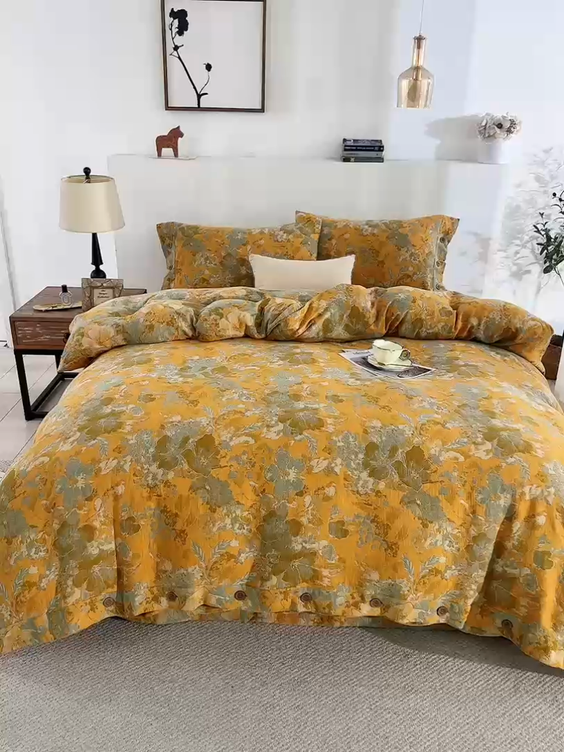 91家纺网 家纺一手货源 找家纺 鲁爱 2025新款全棉色织双层纱纽扣款四件套 流光溢彩-黄