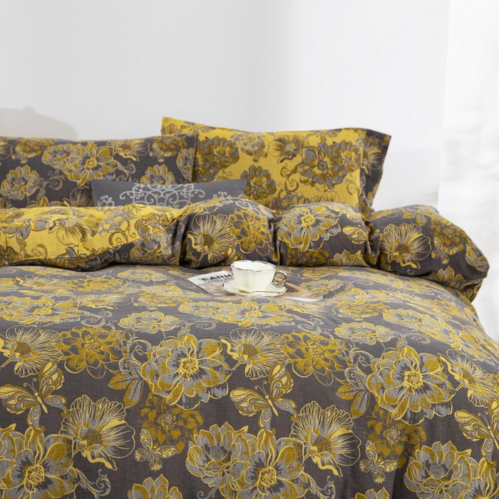 91家纺网 家纺一手货源 找家纺 鲁爱 2025新款全棉色织双层纱纽扣款四件套 花絮-黑金