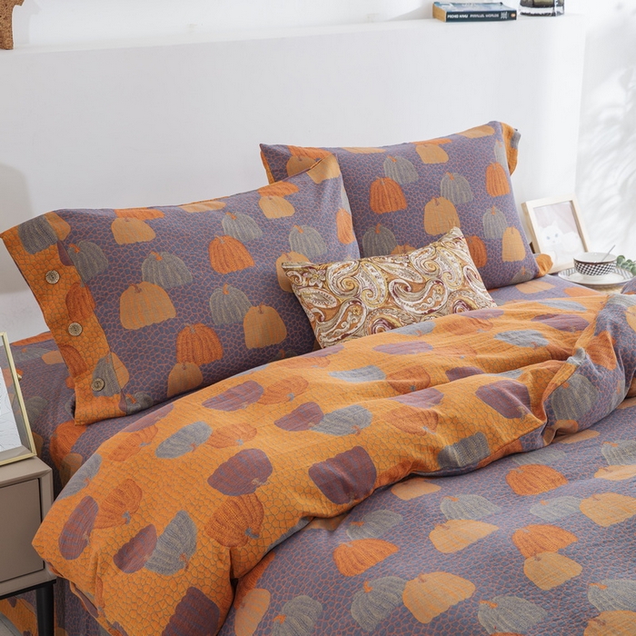 91家纺网 家纺一手货源 找家纺 鲁爱 2025新款全棉色织双层纱纽扣款四件套 南瓜-兰