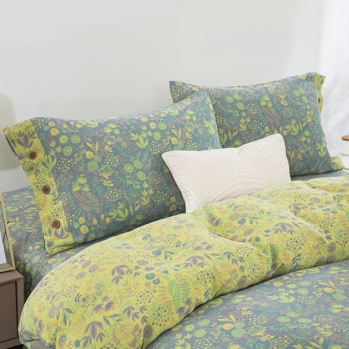 91家纺网 家纺一手货源 找家纺 鲁爱 2025新款全棉色织双层纱纽扣款四件套 普罗旺斯-灰黄