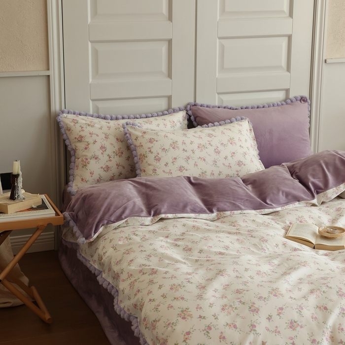 91家纺网 家纺一手货源 找家纺 棉眠 2024新款棉加绒毛球款四件套第二批 粉红雪山（棉加绒）