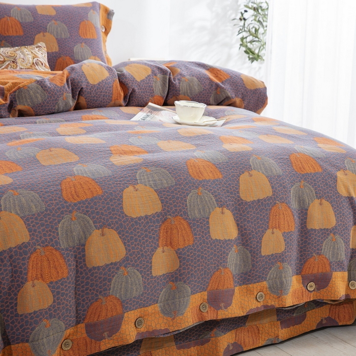 91家纺网 家纺一手货源 找家纺 鲁爱 2025新款全棉色织双层纱纽扣款四件套 南瓜-兰