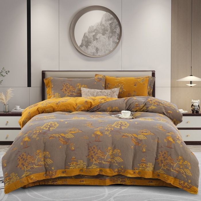 91家纺网 家纺一手货源 找家纺 鲁爱 2025新款全棉色织双层纱纽扣款四件套 逸彩之林-灰