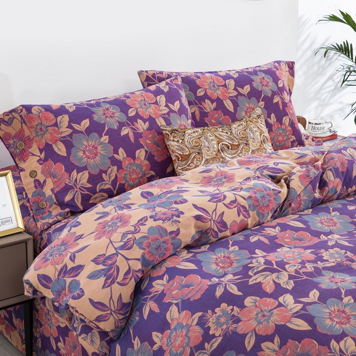 91家纺网 家纺一手货源 找家纺 鲁爱 2025新款全棉色织双层纱纽扣款四件套 花开时节-紫