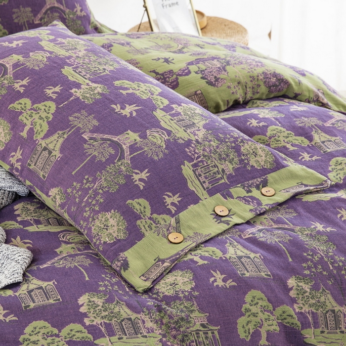 91家纺网 家纺一手货源 找家纺 鲁爱 2025新款全棉色织双层纱纽扣款四件套 蓝调-紫