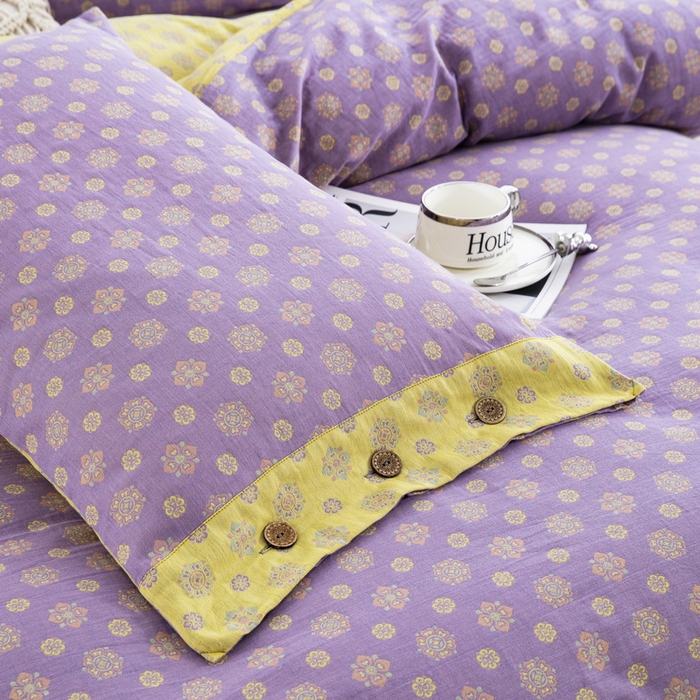 91家纺网 家纺一手货源 找家纺 鲁爱 2025新款全棉色织双层纱纽扣款四件套 幸福星-浅紫