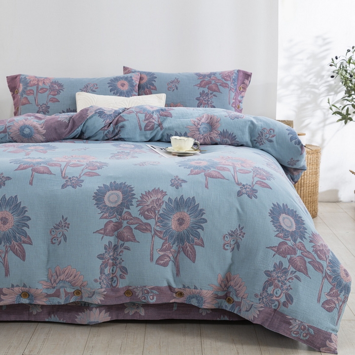 91家纺网 家纺一手货源 找家纺 鲁爱 2025新款全棉色织双层纱纽扣款四件套 一举夺魁-浅兰