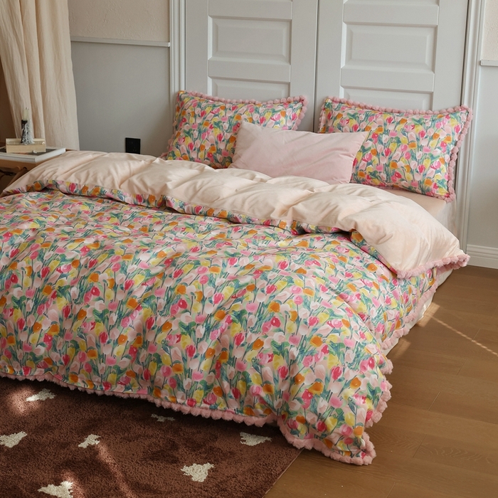 91家纺网 家纺一手货源 找家纺 棉眠 2024新款棉加绒毛球款四件套第二批 玫瑰故事（棉加绒）