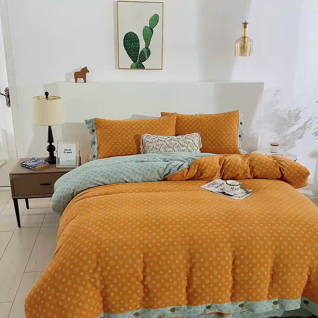 91家纺网 家纺一手货源 找家纺 鲁爱 2025新款全棉色织双层纱纽扣款四件套 幸福星-黄