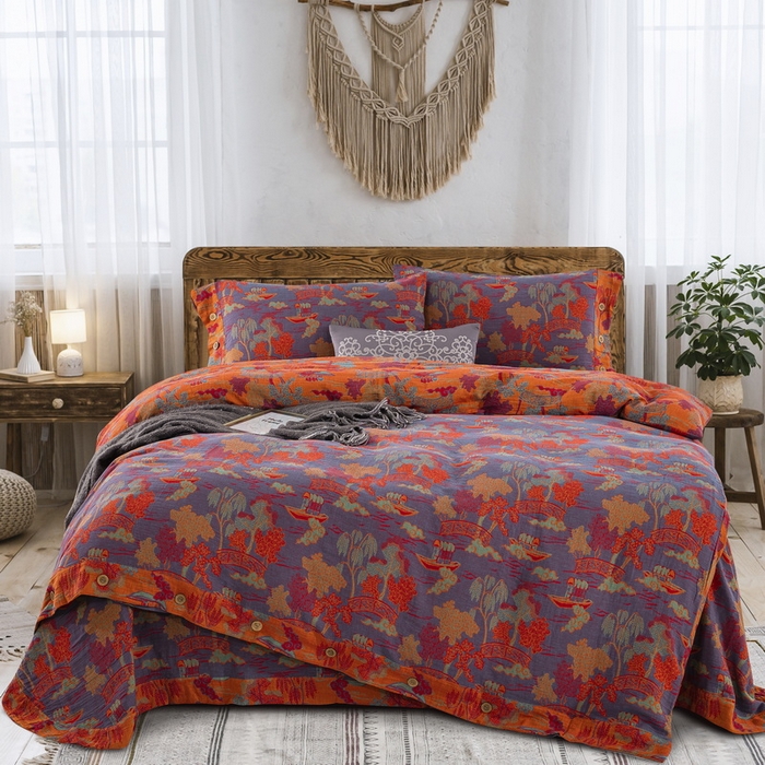 91家纺网 家纺一手货源 找家纺 鲁爱 2025新款全棉色织双层纱纽扣款四件套 烟雨湖畔-紫罗兰