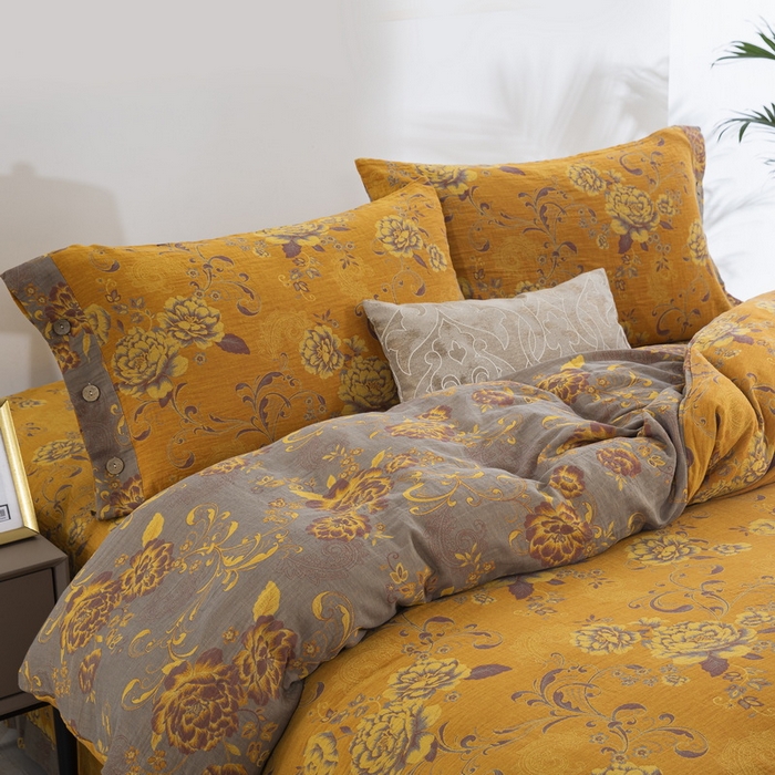 91家纺网 家纺一手货源 找家纺 鲁爱 2025新款全棉色织双层纱纽扣款四件套 陌上花开-黄