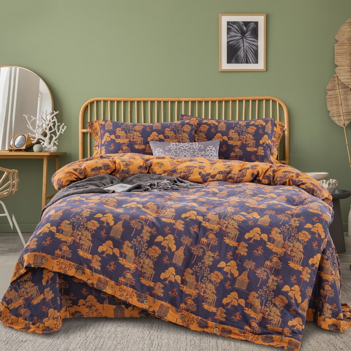 91家纺网 家纺一手货源 找家纺 鲁爱 2025新款全棉色织双层纱纽扣款四件套 蓝调-深兰