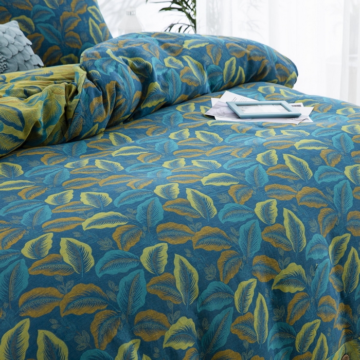 91家纺网 家纺一手货源 找家纺 鲁爱 2025新款全棉色织双层纱纽扣款四件套 叶语柔情-兰