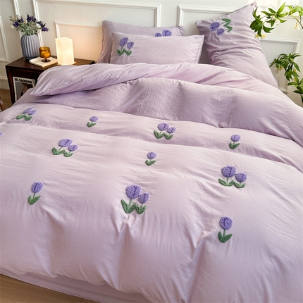 91家纺网 家纺一手货源 找家纺 多品家纺 2024新款水洗棉毛巾绣【四件套】郁见花海 郁见花海紫+紫