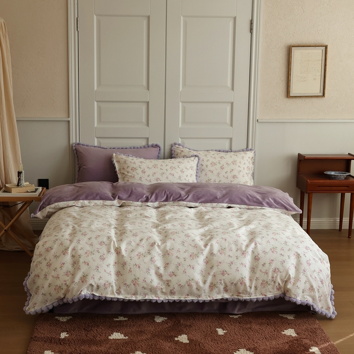 91家纺网 家纺一手货源 找家纺 棉眠 2024新款棉加绒毛球款四件套第二批 粉红雪山（棉加绒）