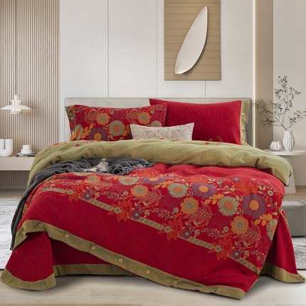 鲁爱 2025新款全棉色织双层纱纽扣款四件套 花开半夏-红