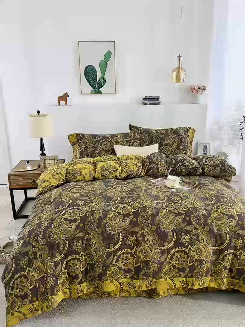 91家纺网 家纺一手货源 找家纺 鲁爱 2025新款全棉色织双层纱纽扣款四件套 莲年有鱼-黑金