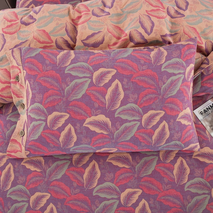 91家纺网 家纺一手货源 找家纺 鲁爱 2024新款全棉色织双层纱纽扣款四件套 叶语柔情-紫罗兰