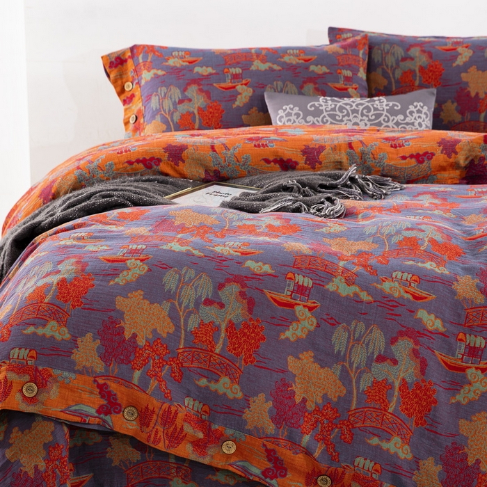 91家纺网 家纺一手货源 找家纺 鲁爱 2025新款全棉色织双层纱纽扣款四件套 烟雨湖畔-紫罗兰