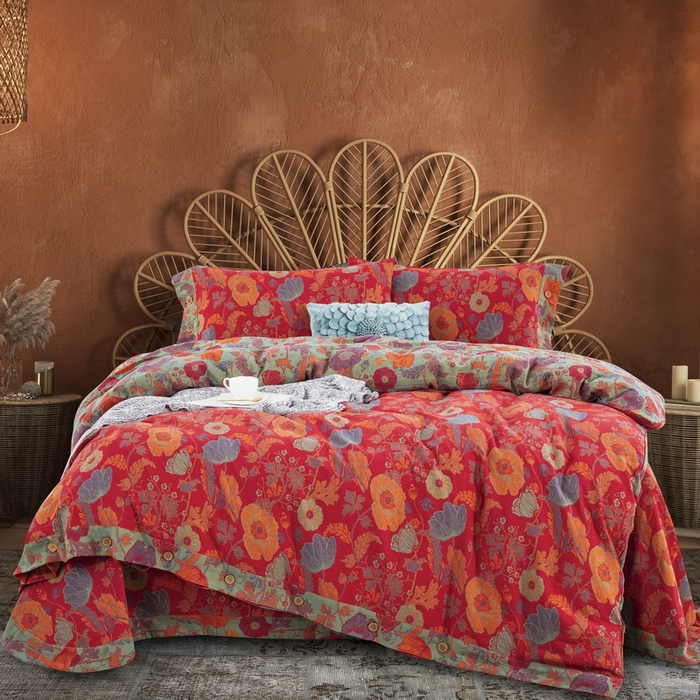 91家纺网 家纺一手货源 找家纺 鲁爱 2025新款全棉色织双层纱纽扣款四件套 虞美人-红