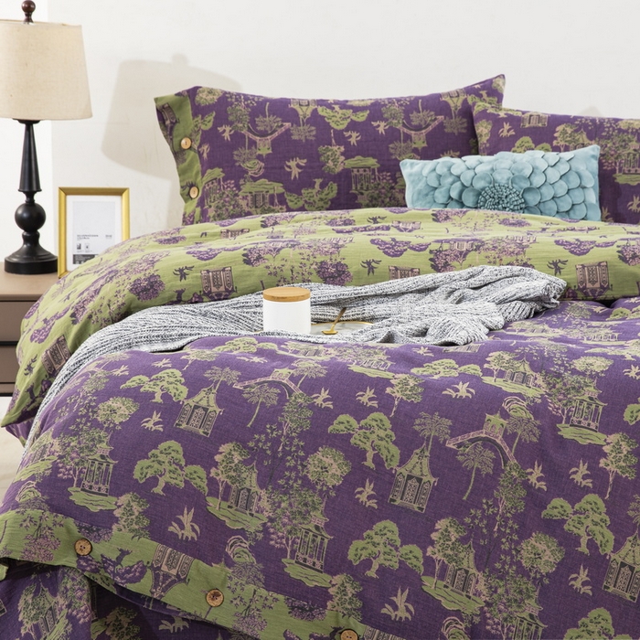 91家纺网 家纺一手货源 找家纺 鲁爱 2025新款全棉色织双层纱纽扣款四件套 蓝调-紫