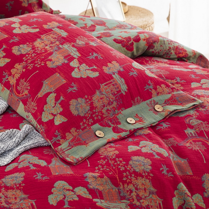 91家纺网 家纺一手货源 找家纺 鲁爱 2025新款全棉色织双层纱纽扣款四件套 蓝调-红