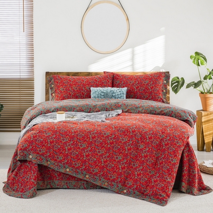 91家纺网 家纺一手货源 找家纺 （总）鲁爱 2025新款全棉色织双层纱纽扣款四件套