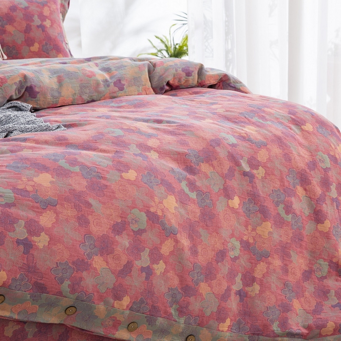 91家纺网 家纺一手货源 找家纺 鲁爱 2025新款全棉色织双层纱纽扣款四件套 花影重叠-粉