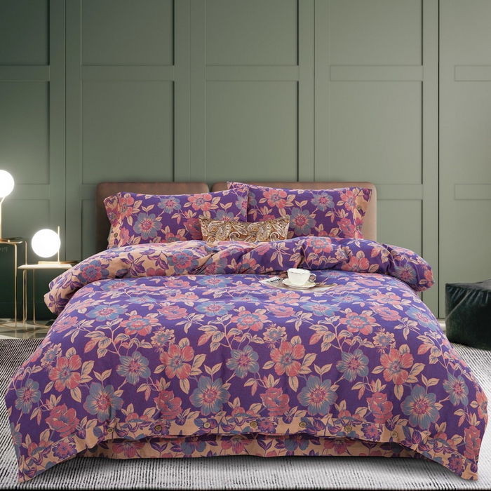 91家纺网 家纺一手货源 找家纺 鲁爱 2025新款全棉色织双层纱纽扣款四件套 花开时节-紫