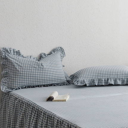 忘忧草 2024新款全棉格子花边枕套 雅尚-蓝小格
