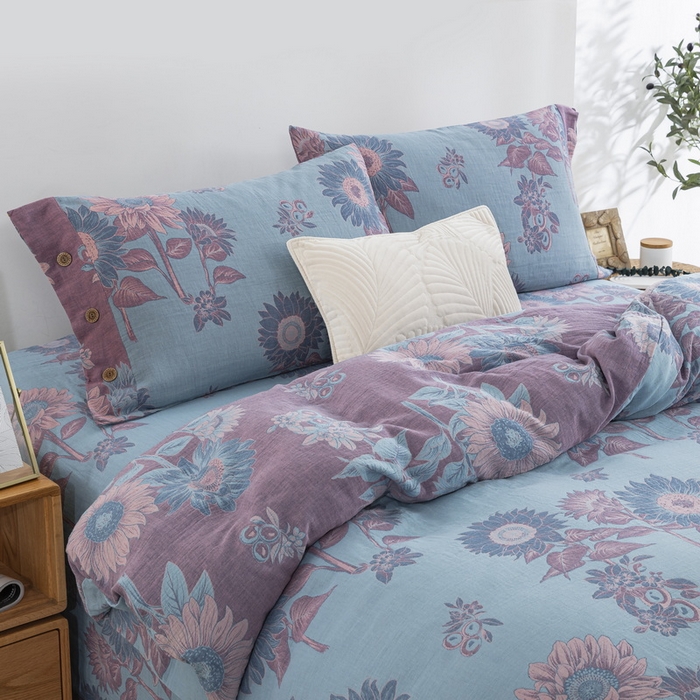 91家纺网 家纺一手货源 找家纺 鲁爱 2025新款全棉色织双层纱纽扣款四件套 一举夺魁-浅兰