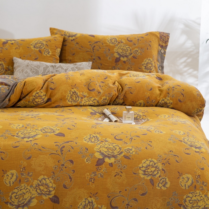 91家纺网 家纺一手货源 找家纺 鲁爱 2025新款全棉色织双层纱纽扣款四件套 陌上花开-黄