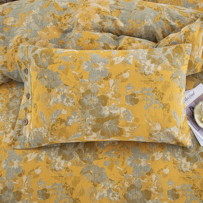 91家纺网 家纺一手货源 找家纺 鲁爱 2025新款全棉色织双层纱纽扣款四件套 流光溢彩-黄