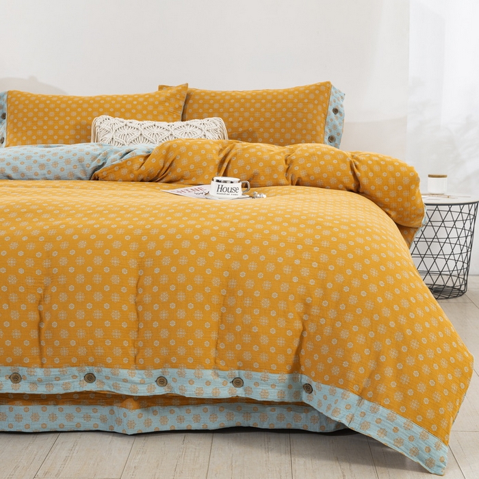 91家纺网 家纺一手货源 找家纺 鲁爱 2025新款全棉色织双层纱纽扣款四件套 幸福星-黄