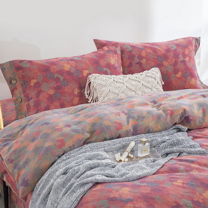 91家纺网 家纺一手货源 找家纺 鲁爱 2025新款全棉色织双层纱纽扣款四件套 花影重叠-粉