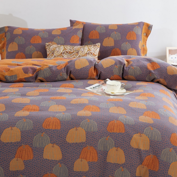 91家纺网 家纺一手货源 找家纺 鲁爱 2025新款全棉色织双层纱纽扣款四件套 南瓜-兰