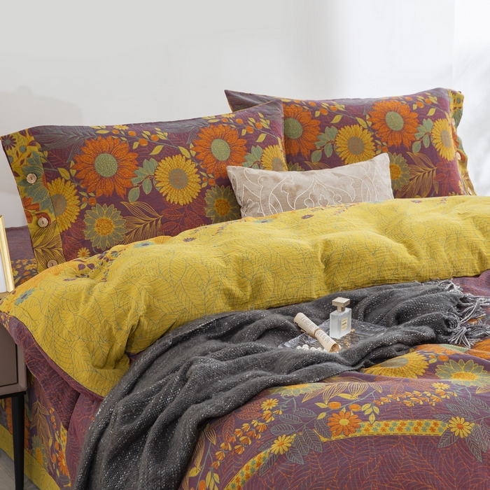 91家纺网 家纺一手货源 找家纺 鲁爱 2025新款全棉色织双层纱纽扣款四件套 花开半夏-紫罗兰