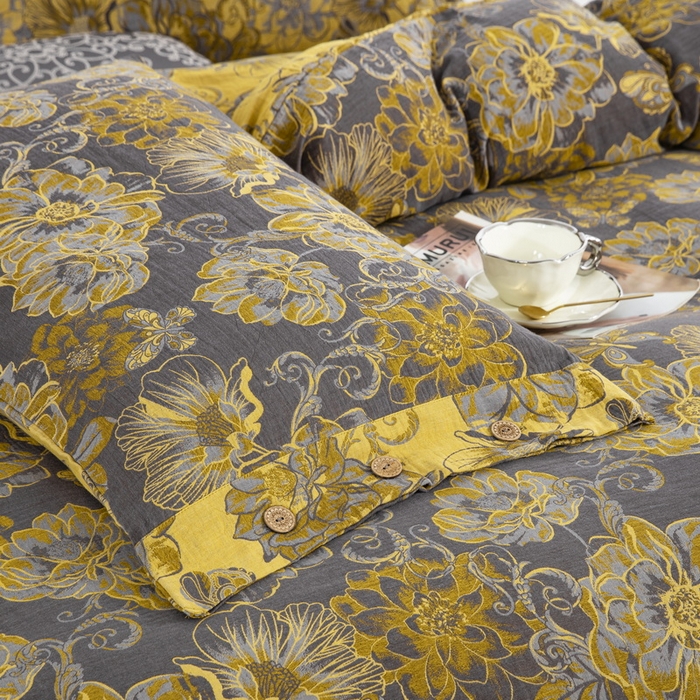 91家纺网 家纺一手货源 找家纺 鲁爱 2025新款全棉色织双层纱纽扣款四件套 花絮-黑金